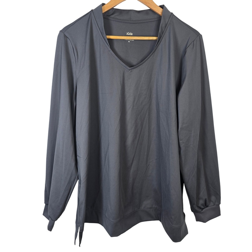 Zuda Womens XL Gray V-Neck Long Sleeve Athleisure Top Stretch Pullover Shirt